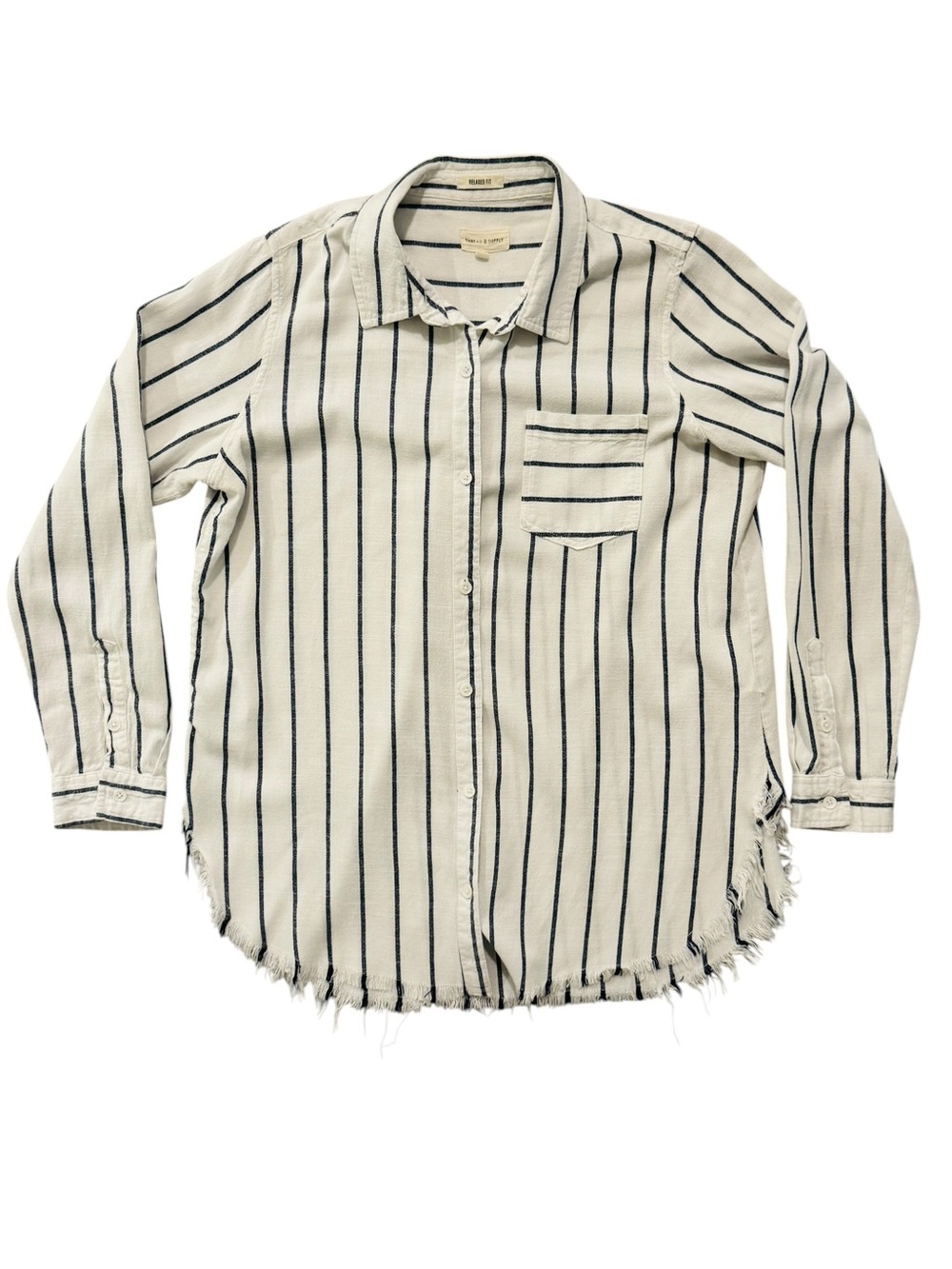Thread & Supply Cream Button-Down Shirt with Navy Stripes